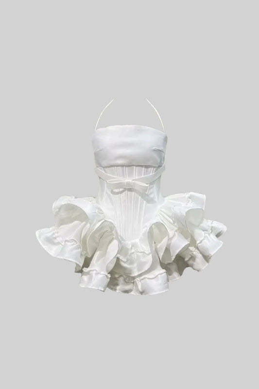 Mini Corset Dress With Ruffled Skirt And Fitted Bodice - White