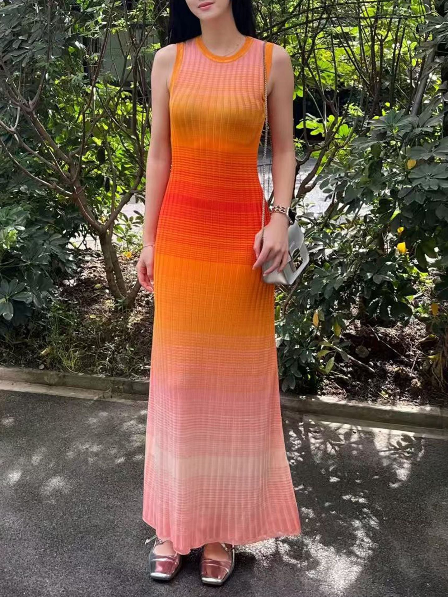 orange gradient round neck  dress