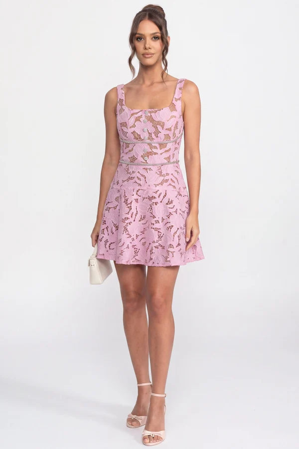 Floral Lace Mini Dress With Crystal Trim Waist - Pink