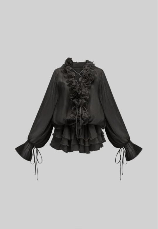 FLOWING SHEER DRESS WITH FLORAL APPLIQUES AND LONG PUFFY SLEEVES - BLACK