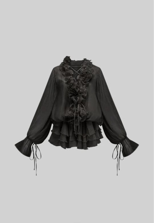 FLOWING SHEER DRESS WITH FLORAL APPLIQUES AND LONG PUFFY SLEEVES - BLACK