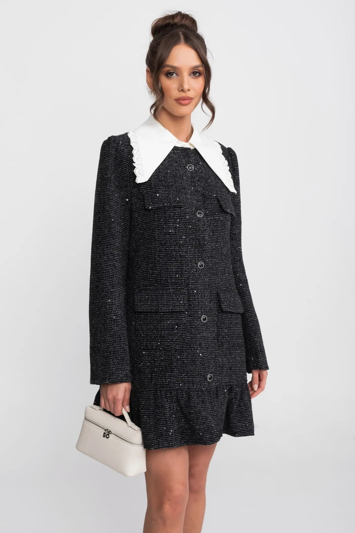 Bouclé Tweed Mini Dress With Lace-Trim Collar And Ruffle Hem - Charcoal