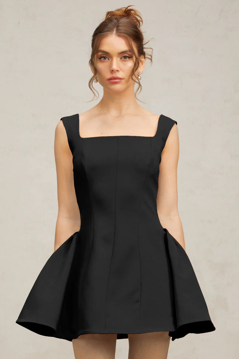 Margherita square-neck puff mini dress in Black