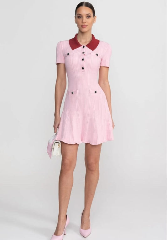 Ribbed Short Sleeve Mini Dress With Contrast Collar And Button Front Detail - Blush Pink