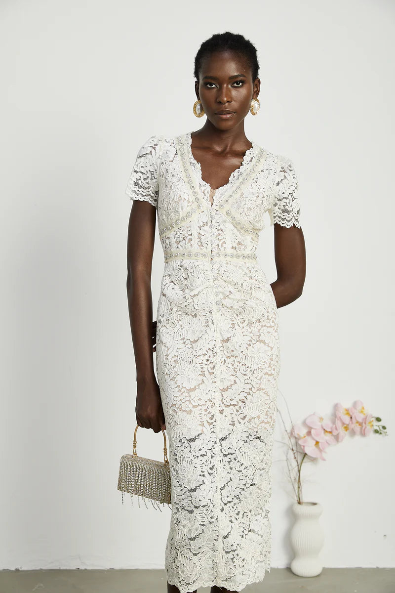 Kalena embellished lace midi dress