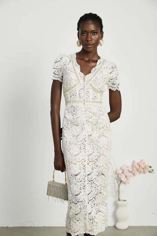 Kalena embellished lace midi dress