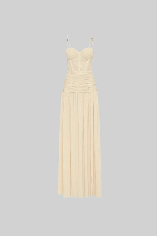 Elegant Dress With Ruched Fitted Bodice And Straight Skirt With Side Slit