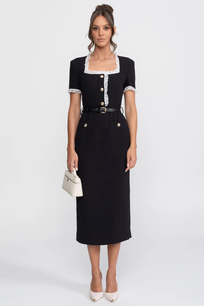 Square Neck Belted Midi Dress With White Ruffle Trim - Black
