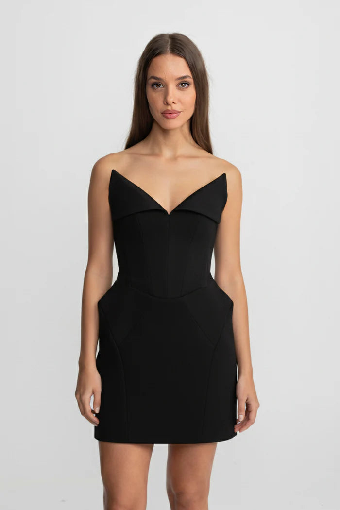 Structured Corset Mini Dress With Folded Collar-style Neckline – Black
