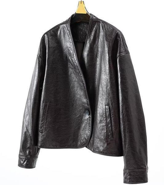 Sheepskin Coat Casual Collarless Short Top Jacket