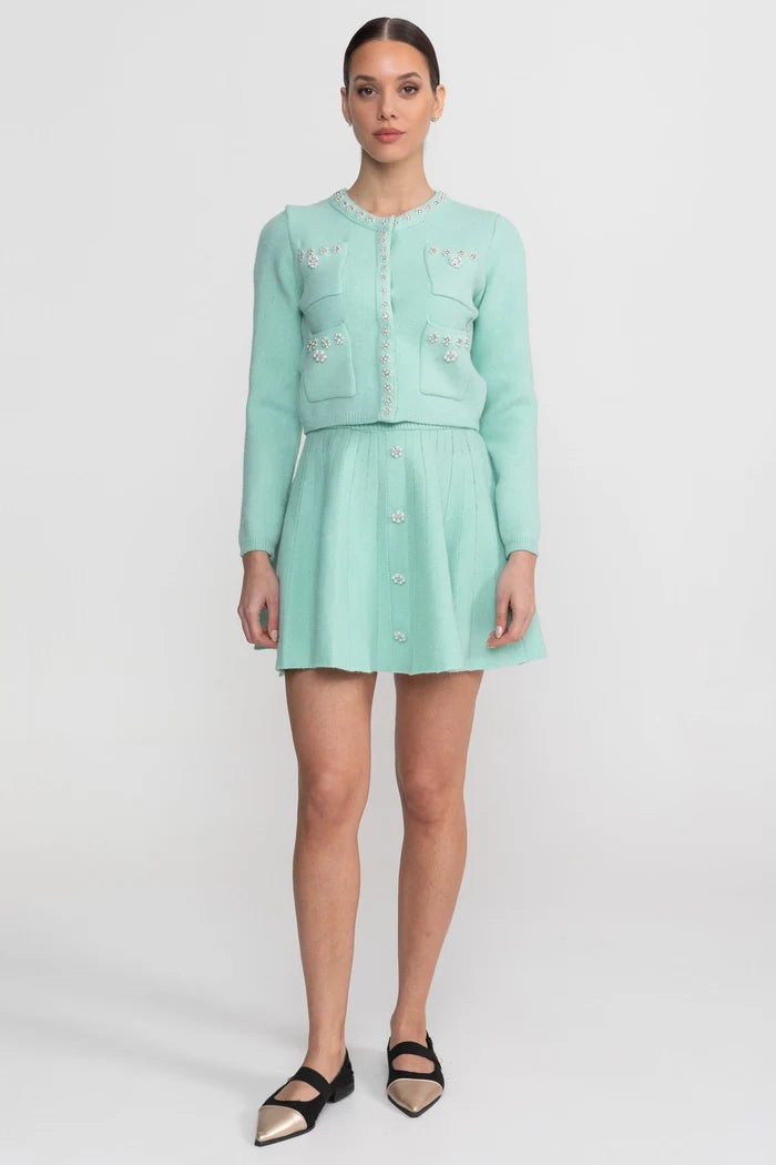 Knit Co-Ord Set With Long Sleeve Cardigan And Matching Mini Skirt - Teal