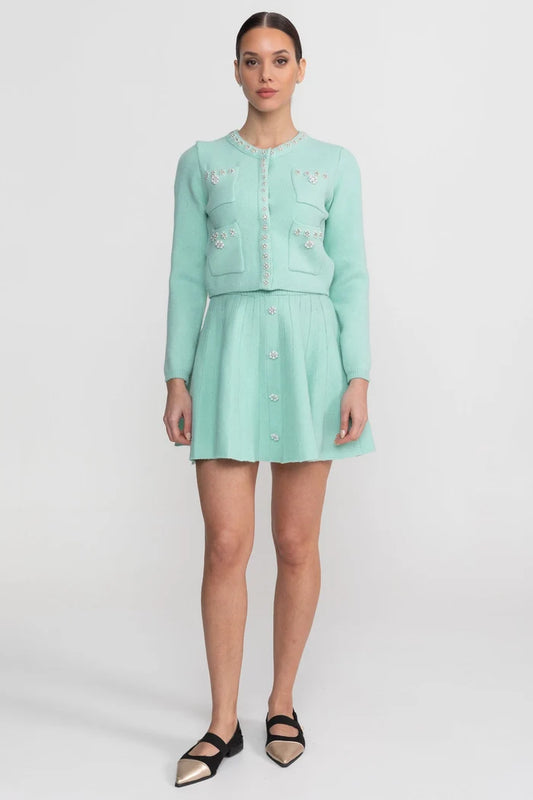Knit Co-Ord Set With Long Sleeve Cardigan And Matching Mini Skirt - Teal