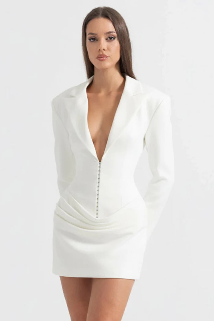 Draped Blazer Mini Dress With Deep Neckline – White