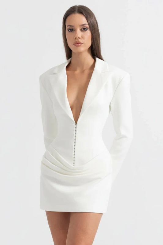 Draped Blazer Mini Dress With Deep Neckline – White