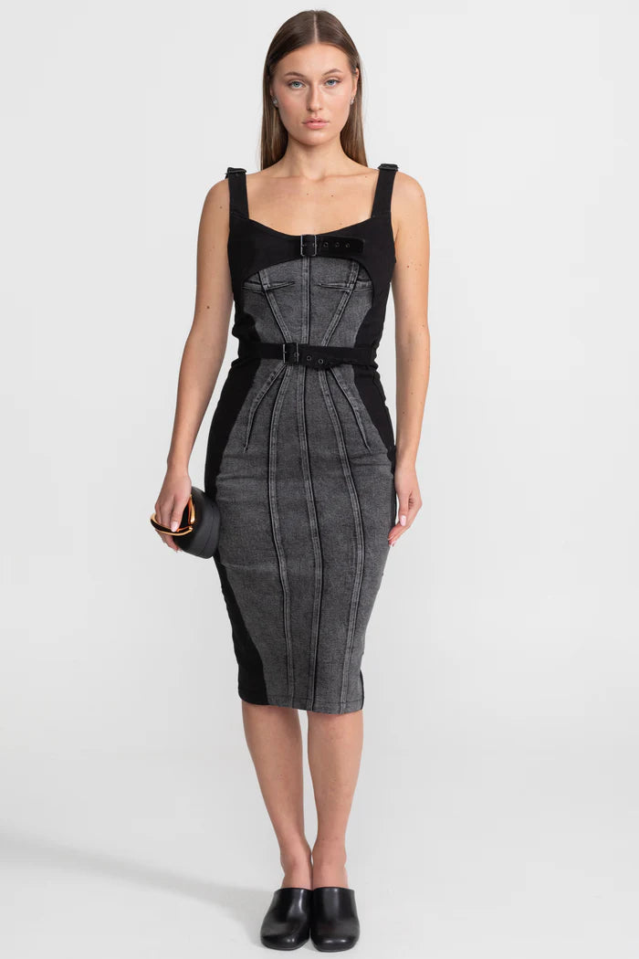 Panelled Denim Midi Dress With Buckled Belts – Charcoal