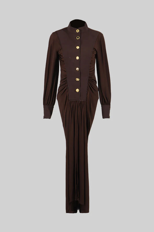 Velvet Maxi Dress with Gold Statement Buttons - Brown