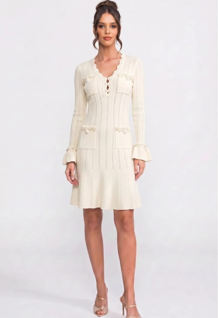 Long-Sleeve V-Neck Knit Mini Dress With Ruffle Hem And Bow Cuffs - Ivoire