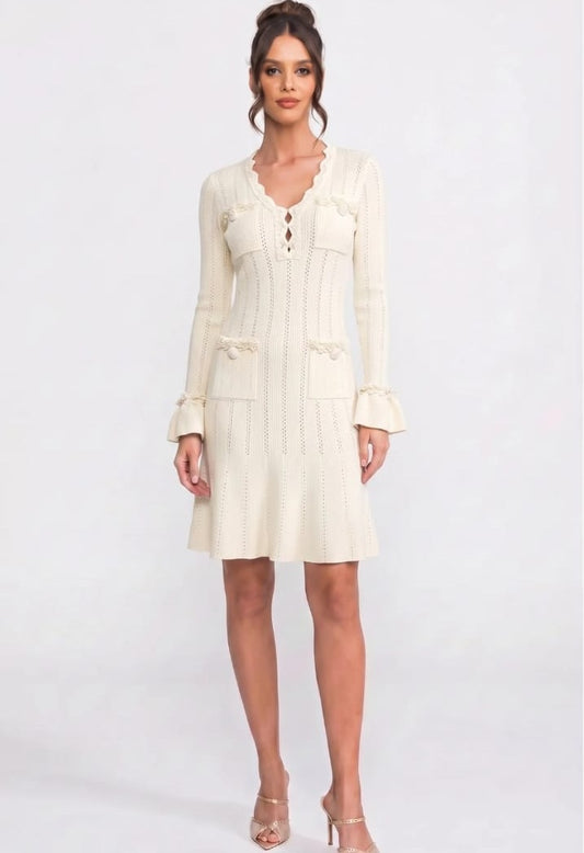 Long-Sleeve V-Neck Knit Mini Dress With Ruffle Hem And Bow Cuffs - Ivoire