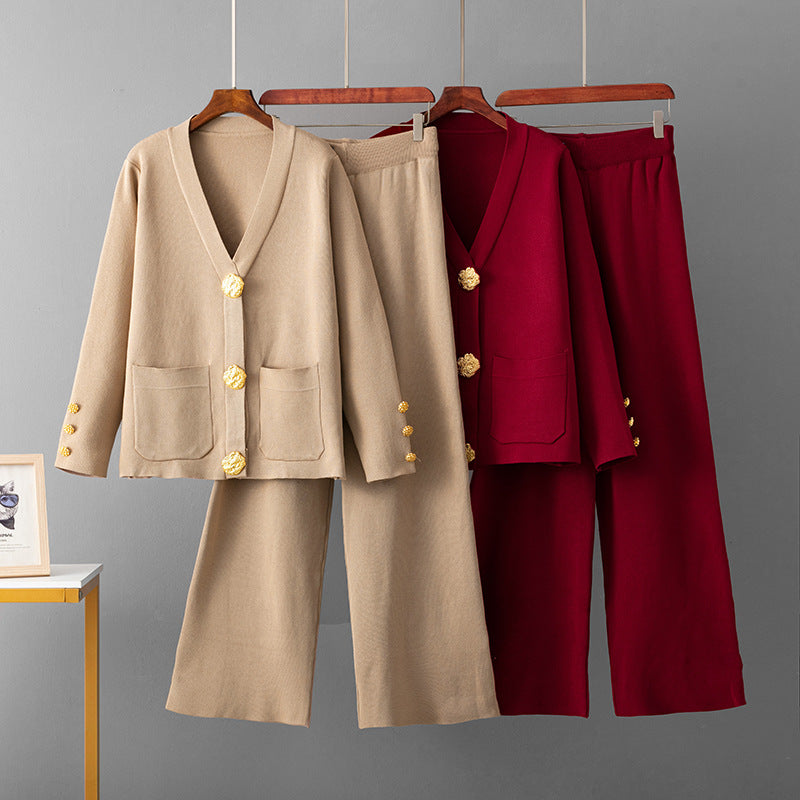 Metal buckle knitted cardigan sweater wide-leg pants set