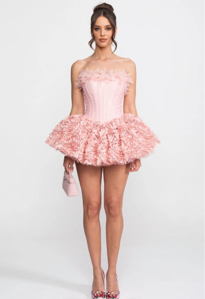 Strapless Corset Mini Dress With 3D Rose Appliqué Skirt - Pink