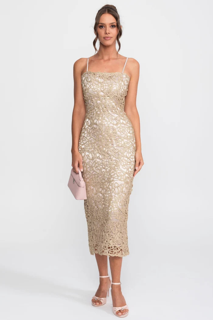 Metallic Lace Sheath Dress With Square Neck - Gold