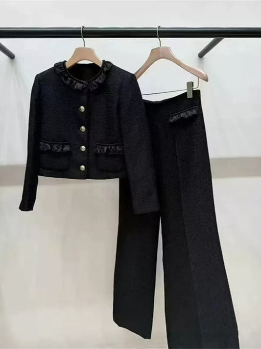 Crew Neck Tweed Jacket Pant Set