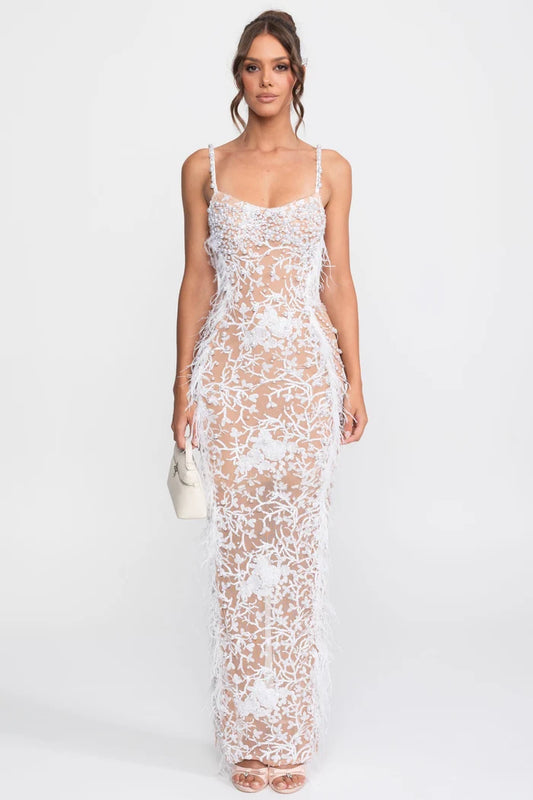 Feather Trim Beaded Lace Gown With Pearl Straps - White