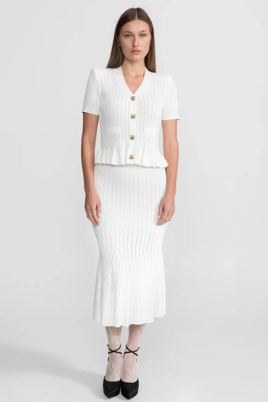 Knit Midi Co-Ord with Peplum Waist and Gold Buttons – White