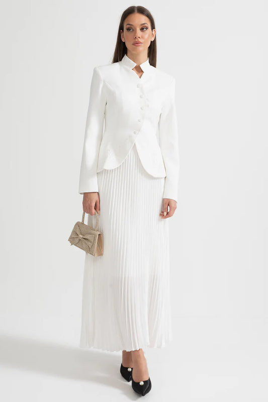Pleated Skirt and Structured Jacket Co-Ord Set With Decorative Stitching - White