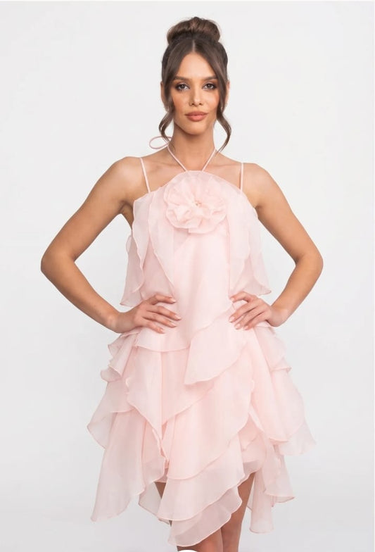 Tiered Ruffle Mini Dress With 3D Floral Halter Neck - Pink