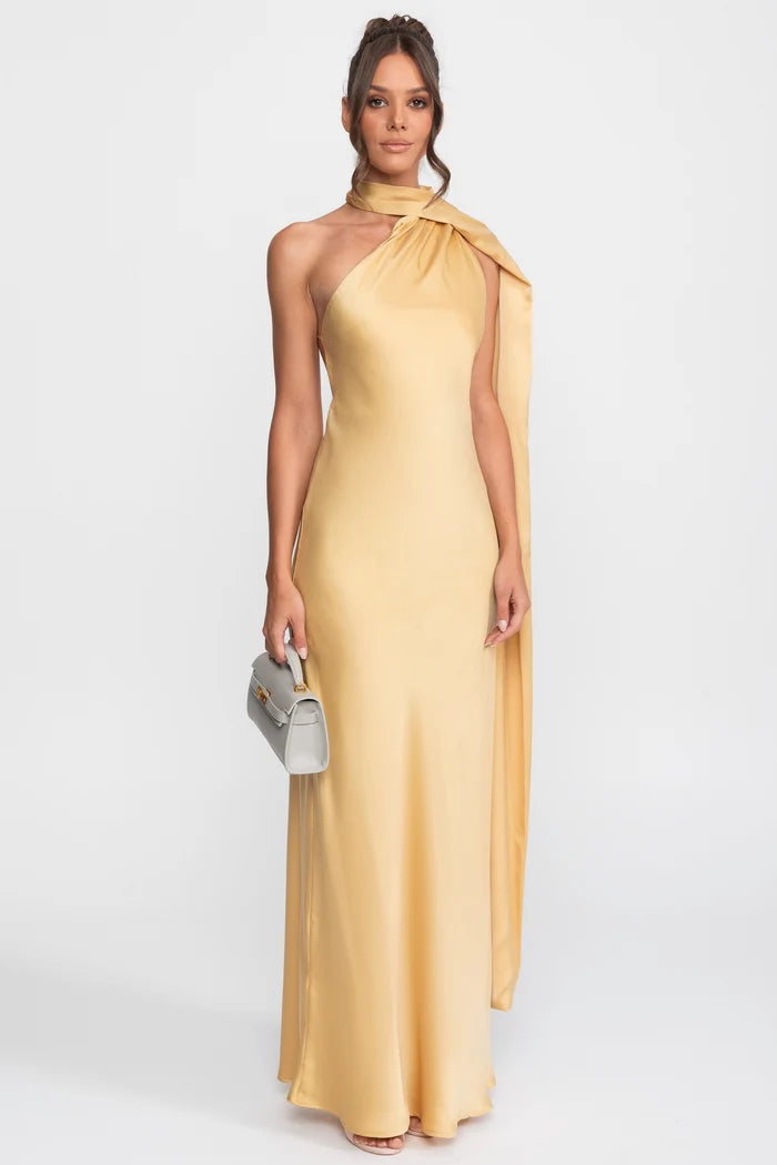 Twist Halter Satin Slip Dress With Asymmetric Neckline - Yellow