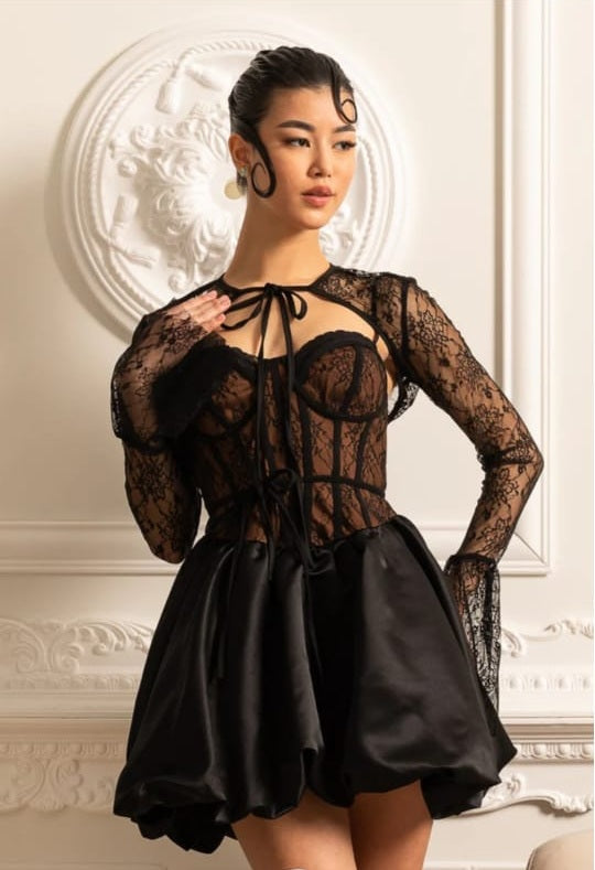 LACE CORSET MINI DRESS WITH RIBBON TIE NECKLINE - BLACK