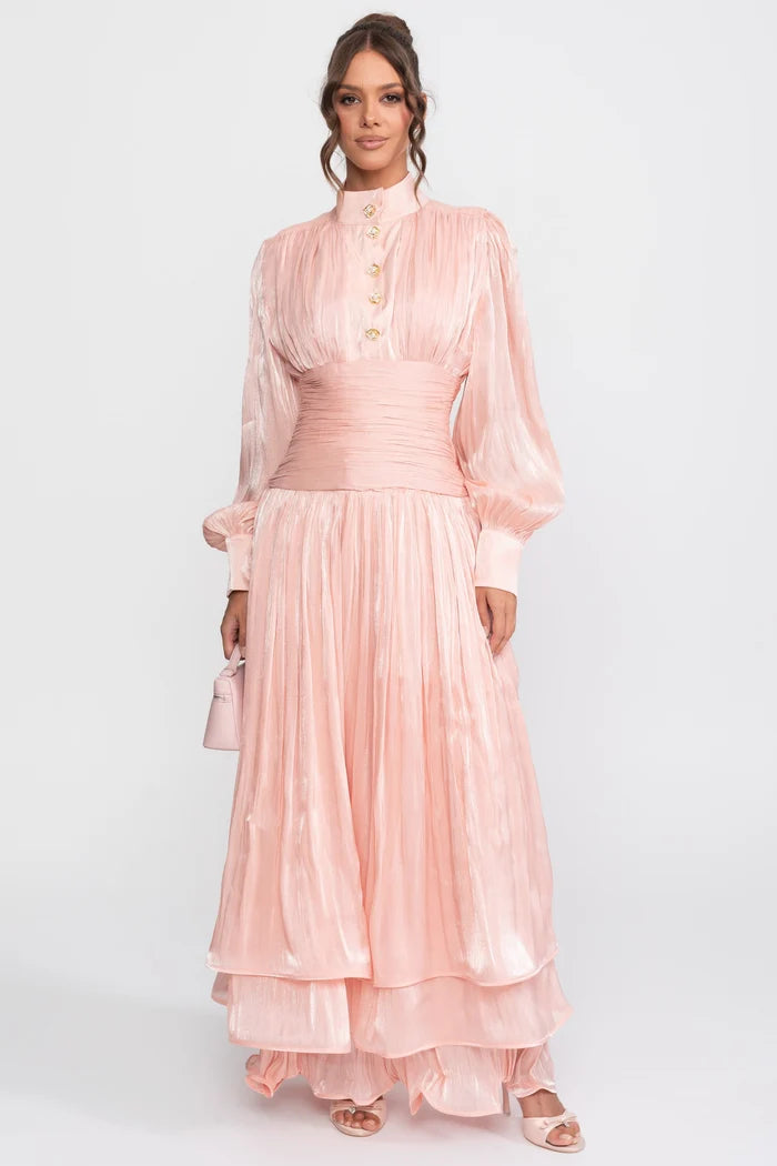 Balloon-Sleeve Tiered Maxi Dress With Jeweled Rose Buttons - Peach