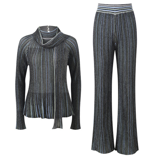 lace-up contrast  wide-leg pants set