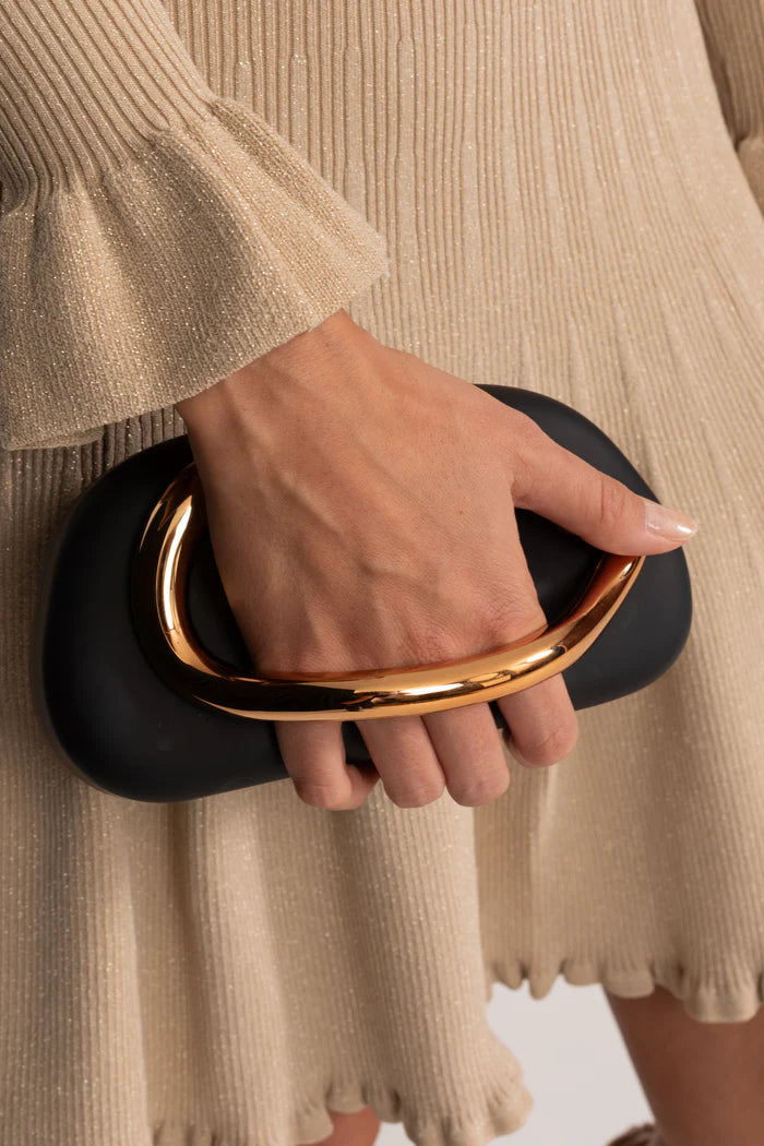 Clutch With Gold Sculptural Handle – Black