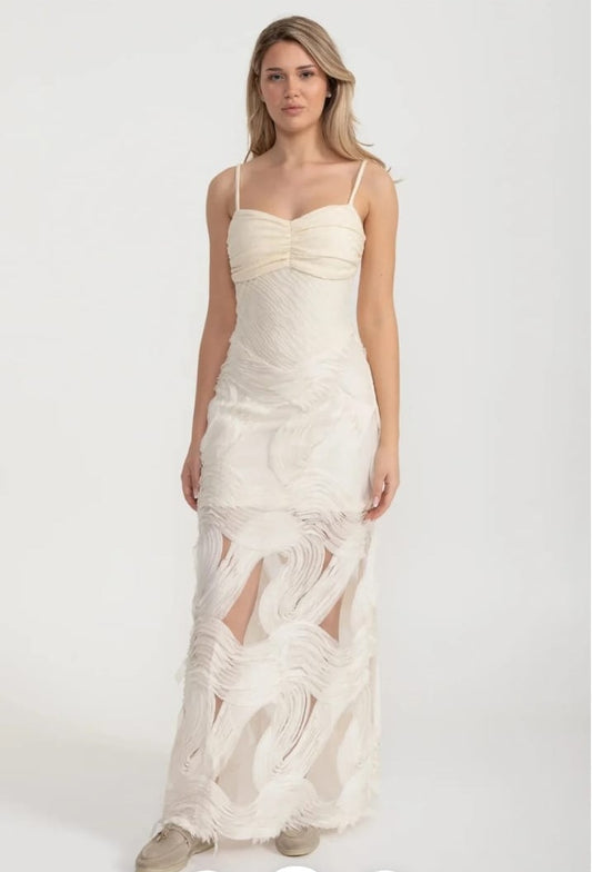 Sleeveless Evening Gown With Intricate Swirling Textures And Sheer Base Material - Ivoire