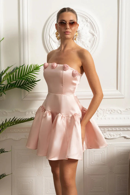 Satin Mini Dress with Strapless Bodice and 3D Rosette Details - Pink