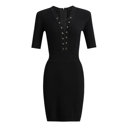 Zipper Short Sleeve Cinched Waist Knit Dress