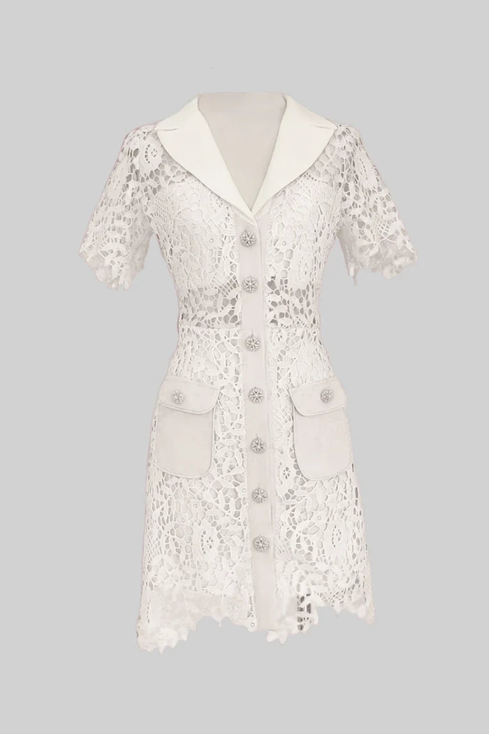 Lace Mini Dress with Contrast Collar and Jewel Buttons - Ivoire