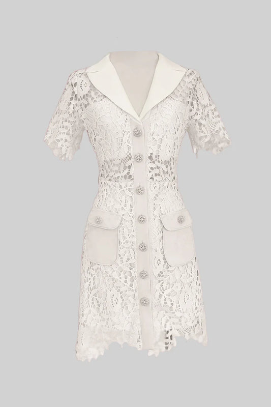 Lace Mini Dress with Contrast Collar and Jewel Buttons - Ivoire