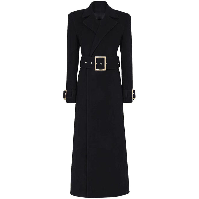 Simple belt elongated woolen coat