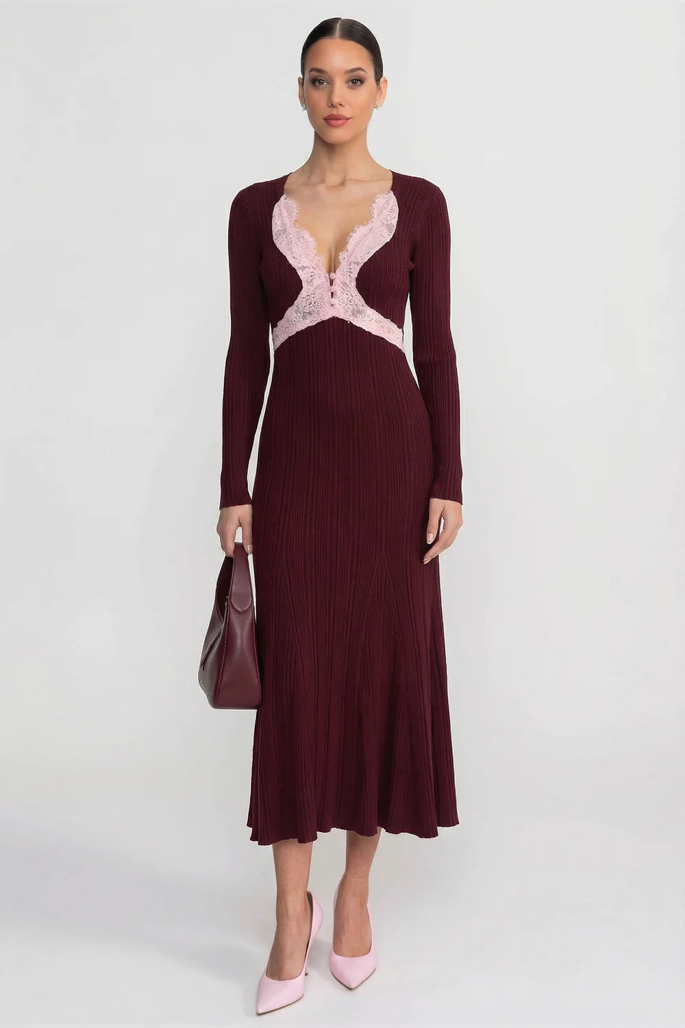 Ribbed Long Sleeve Midi Dress With Lace-Trim V-Neckline