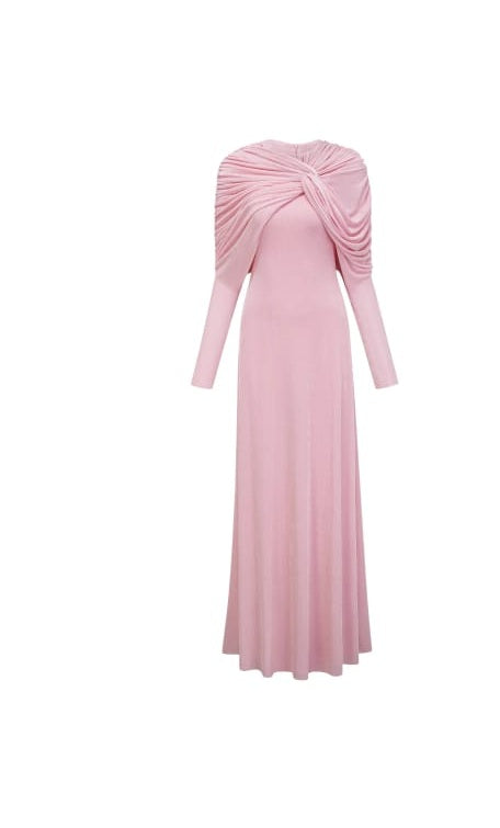 Moderne Pink Shawl Panel Ruched Maxi Dress