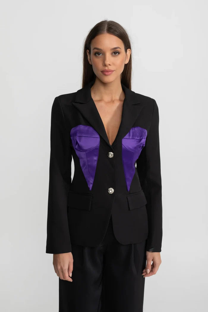 Tailored Satin Panel Blazer With Contrasting Bust Panels – Black & Purple