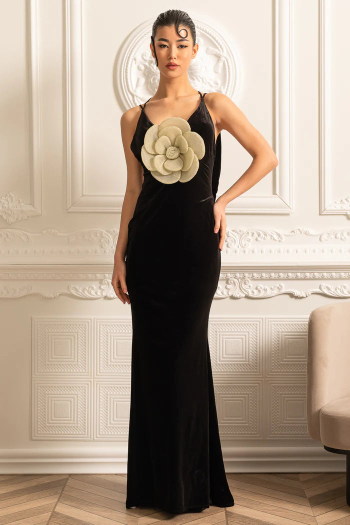 Floral Embellished Gown With Back Cutout - Black