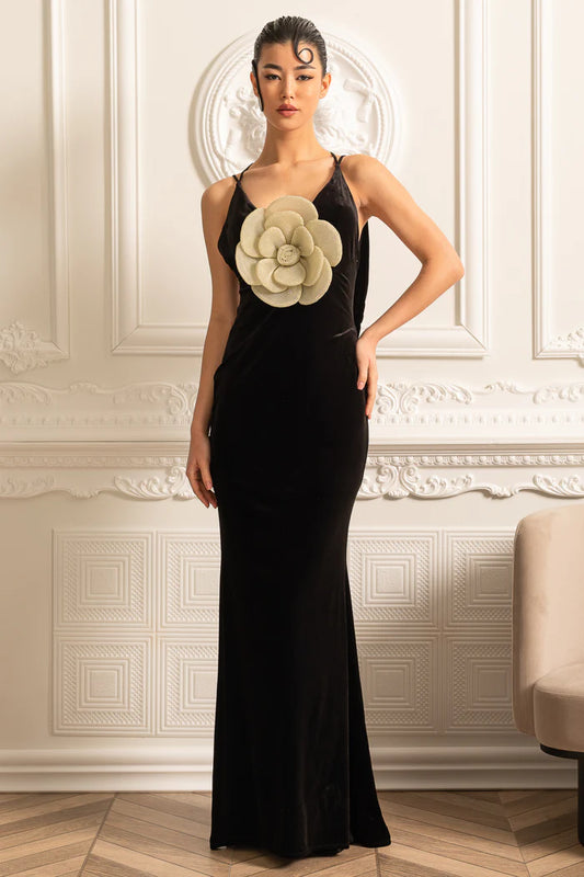 Floral Embellished Gown With Back Cutout - Black