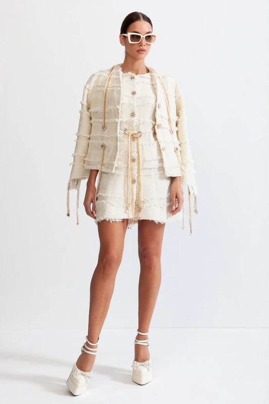Pearl Chain Tweed Blazer - Beige
