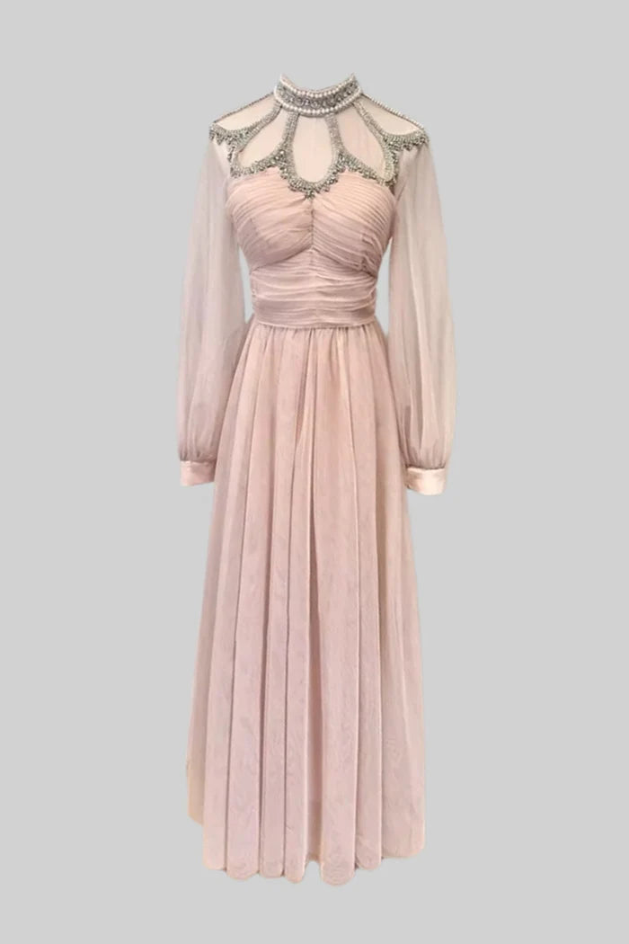 Elegant Dress With Long Sleeves, High Neckline And Ruched Bodice - Peach