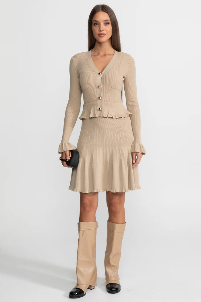 Ribbed Knit Dress With Peplum Waist And Flared Hem – Beige