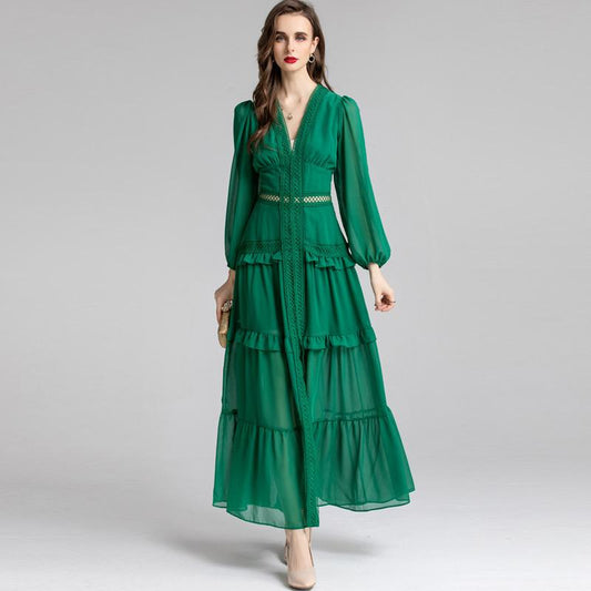 Women's Runway Dresses V Neck Long Sleeves  Hollow Out Elegant High Street Fashion A Line Vestidos